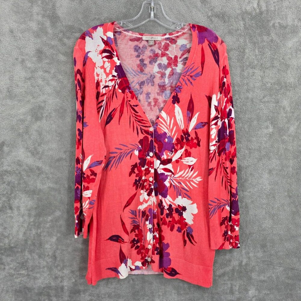 Roz & Ali Cardigan Sweater 1X Coral Pink Red Purple Floral Button Front ¾ Sleeve